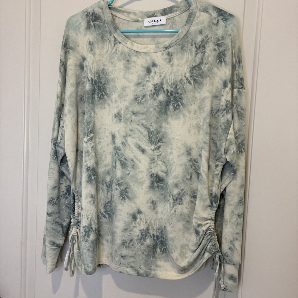 Gilli Womens Tie Dye Long Sleeve Top Blue White Cinched Drawstring Side CT9049 L